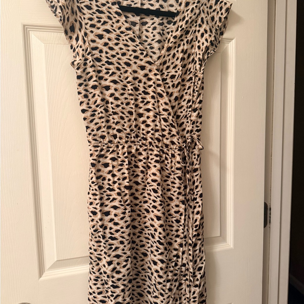 Takara Neutral Animal Print Midi Wrap Dress